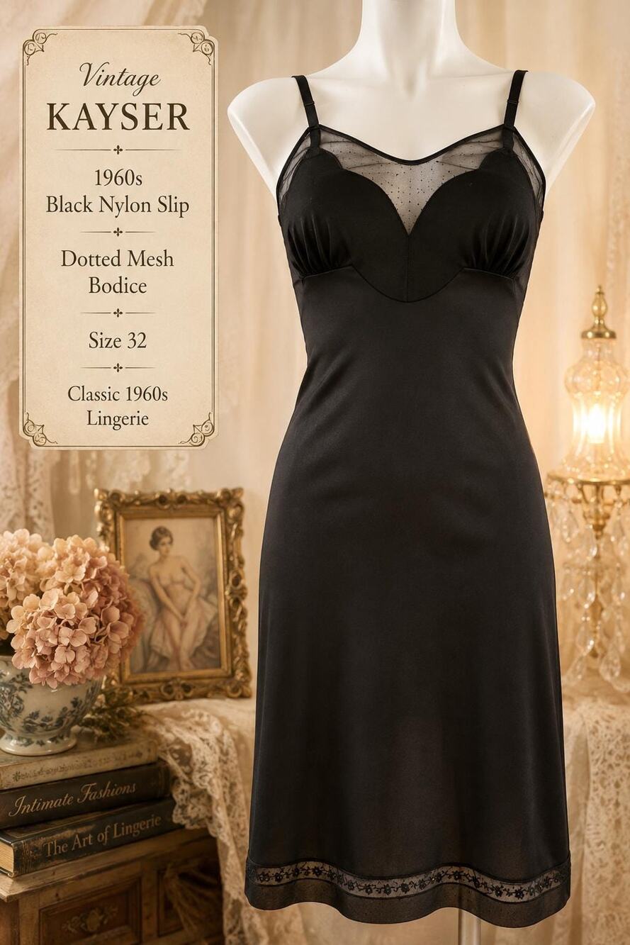 Vintage Kayser Black Nylon Slip 1960s Dotted Mesh Bodice Size 32